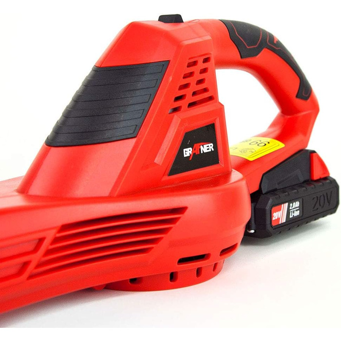 Grafner cordless leaf blower with 20-volt lithium-ion battery and quick charger, 200 km/h blowing speed, anti-vibration handle, compact and handy design, powerful airflow in red