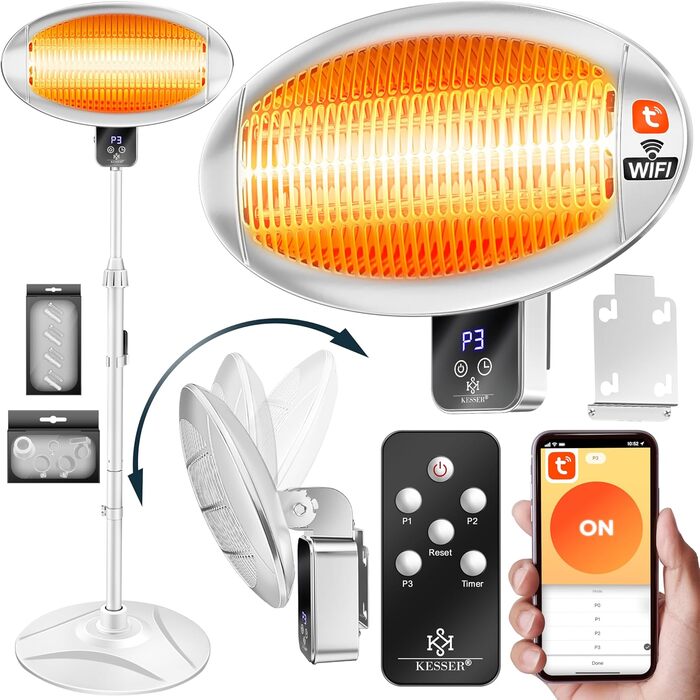 Інфрачервовий обігрівач KESSER® 2000W з Wi-Fi та пультом дистанційного керування, 360° обертання, регулювання висоти, настінний/підлоговий монтаж, захист від перекидання, IPX4, для тераси, балкону та саду