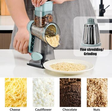 Ручна тертка для сиру та овочів з ручкою: набір з 3 змінні леза з нержавіючої сталі, сива/аква