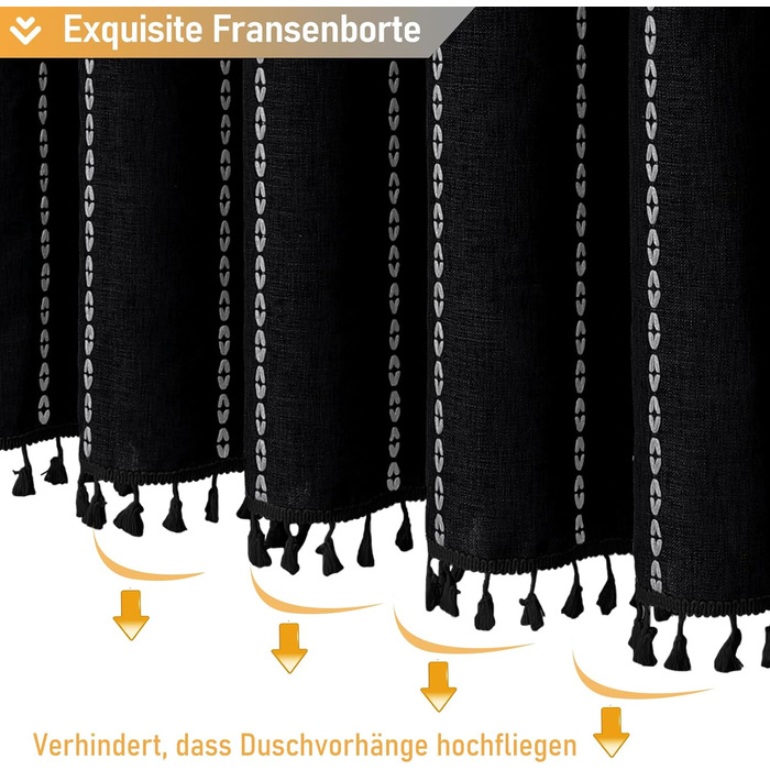 Шторка для душу BTTN 182 x 200 см, бохо-фермерський стиль, важка тканина, смугастий дизайн, бахрома, водовідштовхувальна, з вантажами, 12 гачків, чорно-біла, H200 x B180 см