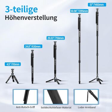 SIRUI SVM-145 монопод для камери з ніжками, 145 см, карбонове, для DSLR/Camcorder, до 10 кг