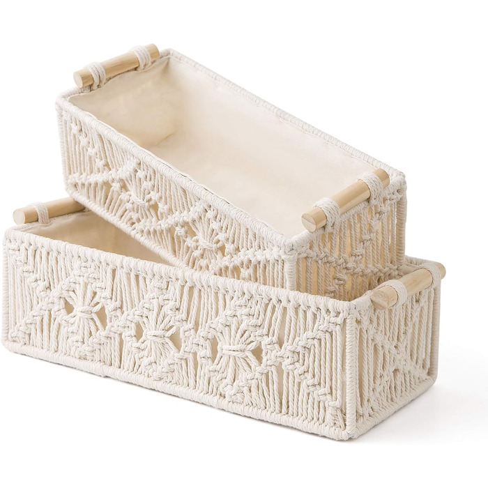 Macrame Hand Storage Baskets Decorative Box Handmade Woven Desktop Vanity Organizer Shelf Closet Organizer, Boho, for Bedroom, Kids' Room, Living Room, Set of 2, Ivory