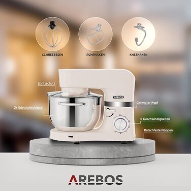 Кухонна машина Arebos 1500W з 2 чашами з нержавіючої сталі (4.5L та 5.5L) | Кухонний міксер з набором насадок (крюк для тіста, вінчик, гак для збивання) | 6 швидкостей | Тиха робота