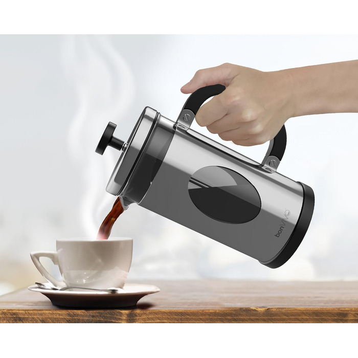 bonVIVO GAZETARO French Press - кавоварка френч-прес з нержавіючої сталі, скляна колба, 8 чашок (срібло)