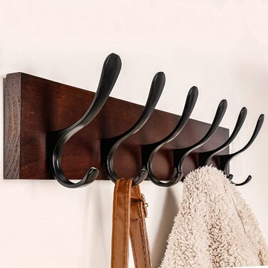 SKOLOO Wall Mounted Coat Rack - Wood Brown Wall Coat Rack Hooks Wall Organizer Clothes Hanger Rack with 6 Hooks for Hanging Coats, Hats, Clothing, Scarves, Brown & Black 1 Brown (6 Hooks)