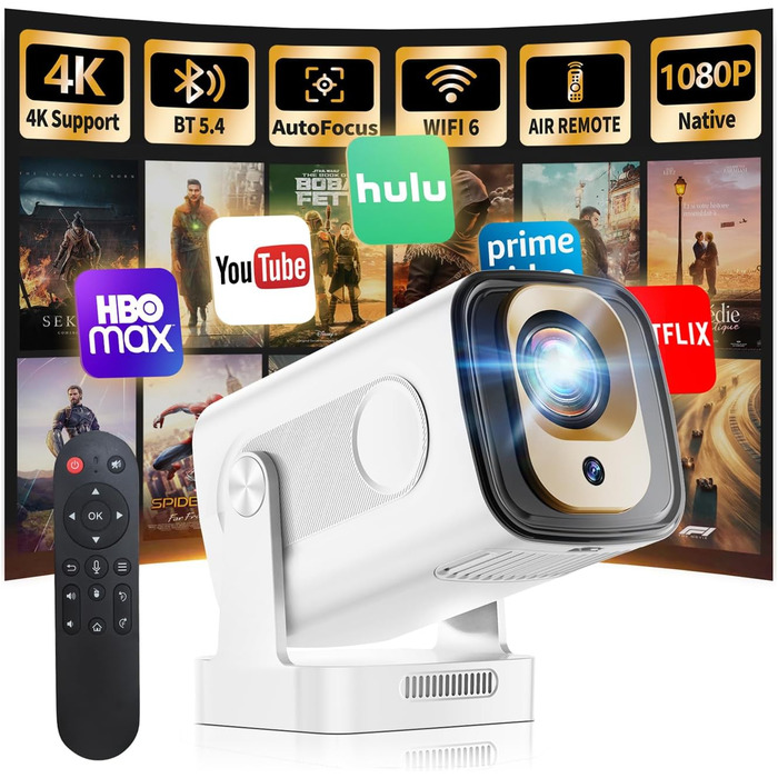 4K проєктор Beamer Full HD 1080P Android: портативний міні-проєктор з WiFi 6, Bluetooth 5.2, 270° обертанням, підтримкою PC/HDMI/USB, з пультом та мишкою, білий