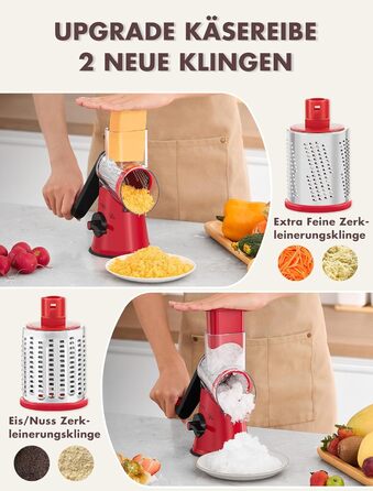 Тертка для сиру GDL з ручкою, оновлена терка для овочів з 5 дисками, терка-нарізач для овочів, зручна та швидка, терка для сиру, морозива, горіхів, огірків, моркви (червона)