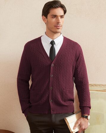 Чоловічий кардиган Kallspin з вовняної суміші, в'язаний з косами, з ґудзиками та кишенями, XL, Бордовий