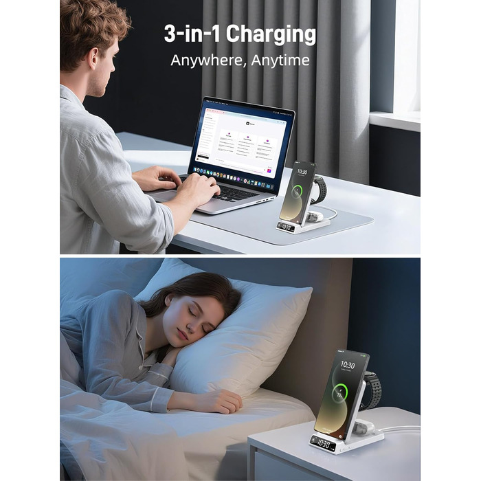 Бездротова зарядка для Samsung з годинником: станція для Galaxy S25 Ultra/S24/Z Fold 6/Flip 7/Bud, Watch, серій 8/7/6/5Pro, 3 в 1, сірий (білий)