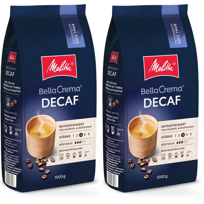 Кава в зернах Melitta BellaCrema Decaf без кофеїна для кавомашин, м'яке обсмаження, 1 кг (набір 2 упаковки)
