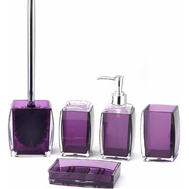 Bathroom Accessories, 5-Piece Set, Resin/Acrylic, Complete Set, Lotion/Soap Dispenser, Soap Dish, Toothbrush Holder, Cup, Toilet Brush and Holder, Modern Bathroom Decor and Gift Set, (Purple)