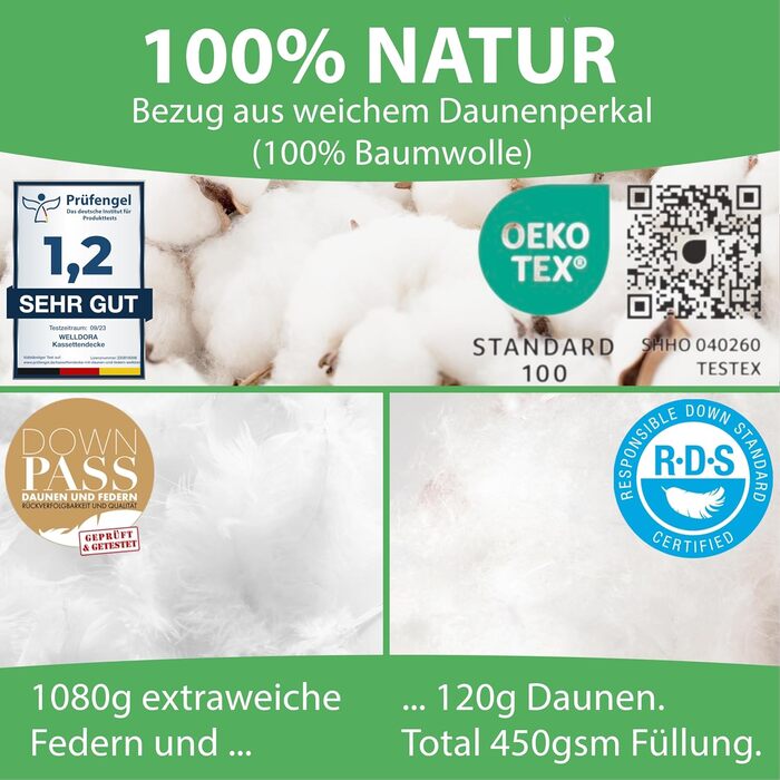 Welldora Komfort Duvet 135x200 | 100% Extra Soft Feathers & Down | Clinically Tested, Oeko-Tex, Allergy-Friendly | RDS Certified for Animal Welfare | All-Season Down Duvet 135x200 Fluffy All-Season Duvet 135 x 200 cm
