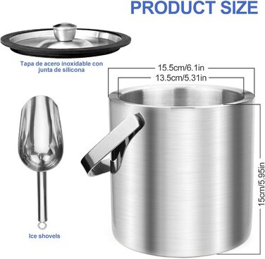 Ейскюбель з кришкою та лопаткою з нержавіючої сталі: ізольований ейскюбель для льоду, пива, секту, вино, напої, фрукти (2,2л)