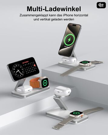 Бездротовий зарядний пристрій 25W MagSafe 3-в-1, складна станція для iPhone 17e/17/16/15/14/13/12/Air, Apple Watch та AirPods Pro (Білий)