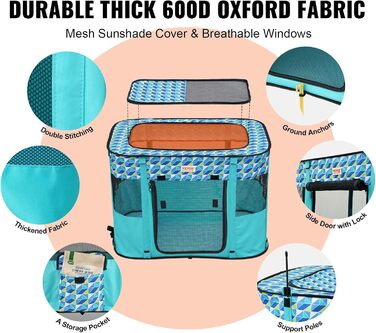 Клітка для цуценят VEVOR, розкладний вольєр для собак, 914 x 914 x 584 мм, з мискою, 600D Oxford, для малих та середніх тварин (Блакитна)