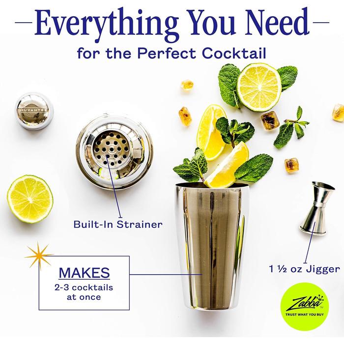 Cocktail Shaker Set - Premium Bar Kit with Free Measuring Jigger - Cocktail Recipes - 0.7L Stainless Steel Cocktail Shaker - Martini Shaker, Mixer with Strainer