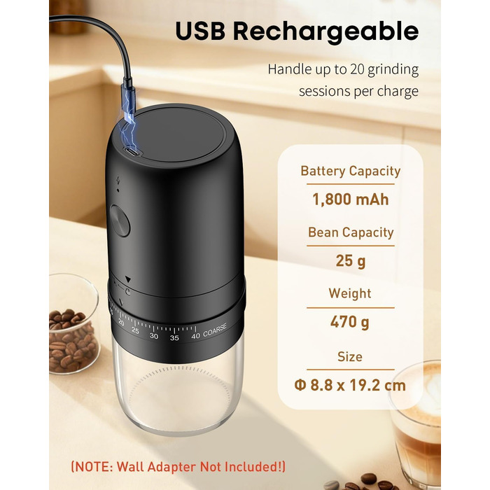 Електрична кавомолка Pawfly з керамічним жорном, 40 ступенів помолу, функцією Auto-Stop та щіткою для чищення. Професійна модель для подорожей та кемпінгу