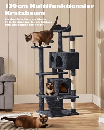 Кігтеточка-кольоротка Yaheetech 139 см, стабільна з 3 платформами, 3 стовпчиками, 2 печерами, плюшеві кульки, чорний колір