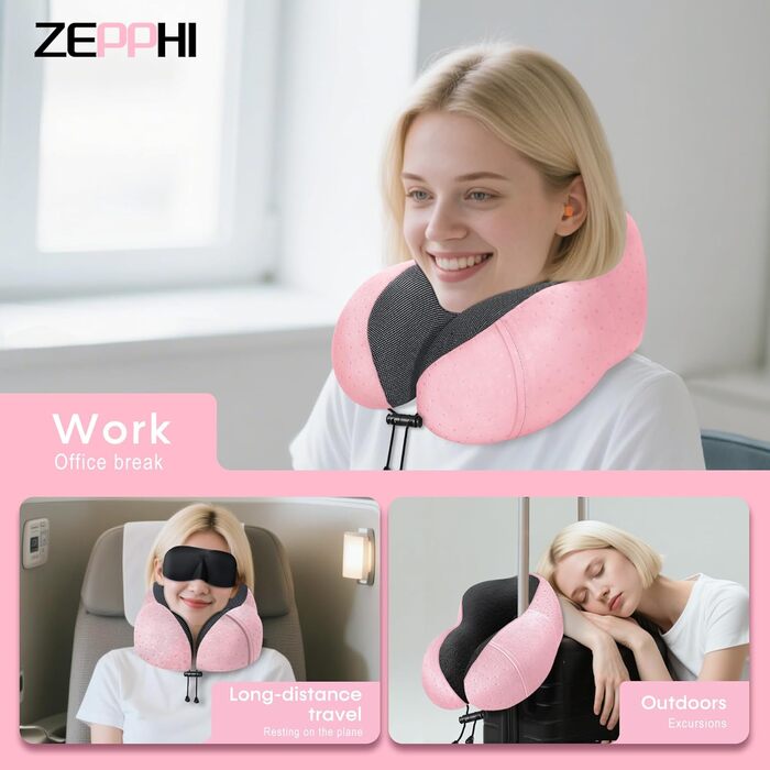 Подушка для шиї у літак - Подорожня подушка з Memory Foam - Подушка-вишенка з м'яким, дихаючим чохлом - Ідеально для кемпінгу, офісу, авто, літака, подушка для сну (Рожева)
