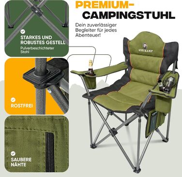 Складний туристичний стілець ADELKAMP з товстим м'яким сидінням, висока вантажопідйомність 150 кг, з сумкою-холодильником та тримачем для напоїв – переможець тесту 2024, преміум-якість, оливковий колір