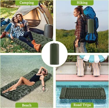 Каремат Satisure для кемпінгу надувний з насосом, водонепроникний, ультралегкий, зелений - для туризму, відпочинку на природі