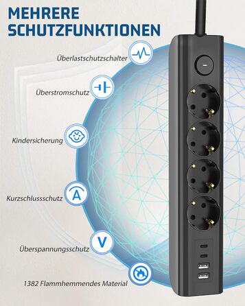 Многофункціональна мережева розетка 8 в 1 з USB, 3680W, з вимикачем, 16A, 2 USB-C, для смартфонів, ноутбуків, iPad, білий/чорний, 1.8м кабель