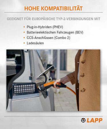 Кабель зарядки LAPP Mobility Typ 2 22 кВт, 7м - для електромобілів, 32А, 3-фазний, IP55, оранжевий