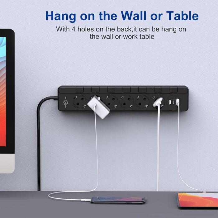 Мережевий фільтр KEPLUG з USB, 4000W, 16A, 6 розеток, 2м кабель, захист від перенапруги, дитячий захист, чорний