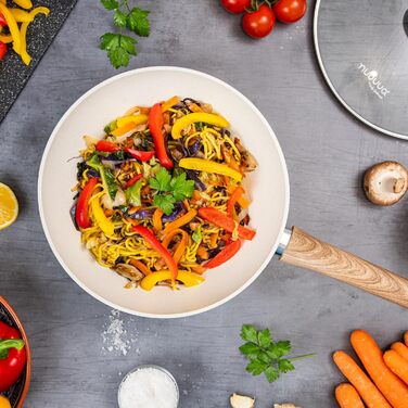 Wok Nuovva з антипригарним покриттям – глибока сковорода з кришкою з термостійкого скла, 28 см, індукційне дно, кремовий граніт