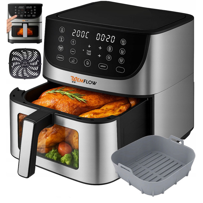 Аерофритюрниця MEMFLOW 8л, 1800 Вт, 14 програм, сенсорне керування, срібляста