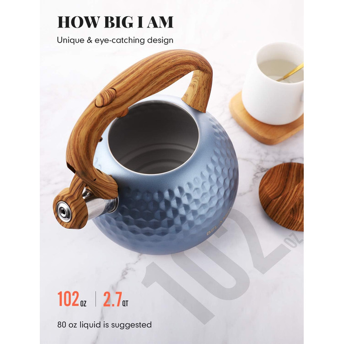 Чайник BELANKO Teekessel 2.7 л з дерев'яною ручкою, гучний свисток, чайник з нержавіючої сталі для плити, індукції, діамантовим дизайном, чорний (блакитний Glacier Blue)