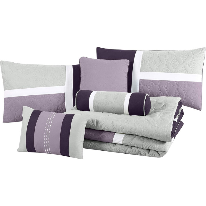 Комплект постільної білизни Chezmoi Collection Upland 7-частинний, стегане покривало, дизайн пэтчворк, лаванда/сірий/фіолетовий, розмір Queen