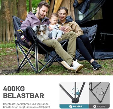 Кампінговий стілець-диван EVER ADVANCED для двох осіб, 145 см, чорний, до 400 кг, з високою спинкою, для саду, балкону, кемпінгу