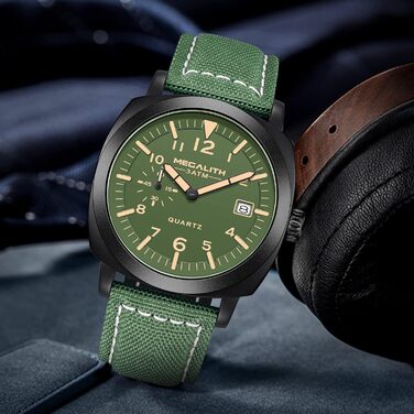 MEGALITH Годинник чоловічий Military Sport Outdoor, водонепроникні з шкіряним ремінцем, сталевий корпус, велике циферблат, з підсвічуванням, календар, дата, кварцові, чоловічі годинники