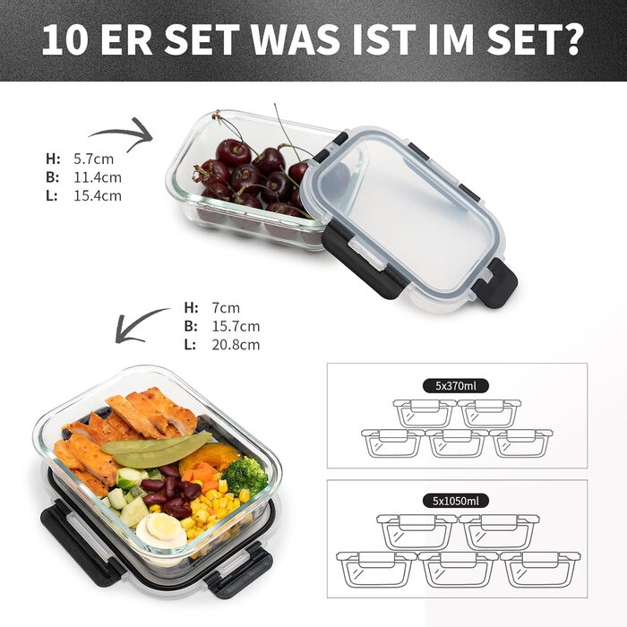 Набір контейнерів для зберігання Glas Frischhaltedosen Set з боросилікатного скла з кришкою, BPA-free, герметичні, для мікрохвильової печі, духовка, посудомийна машина – контейнери для Meal Prep для кухні, офісу (SA1637-black)