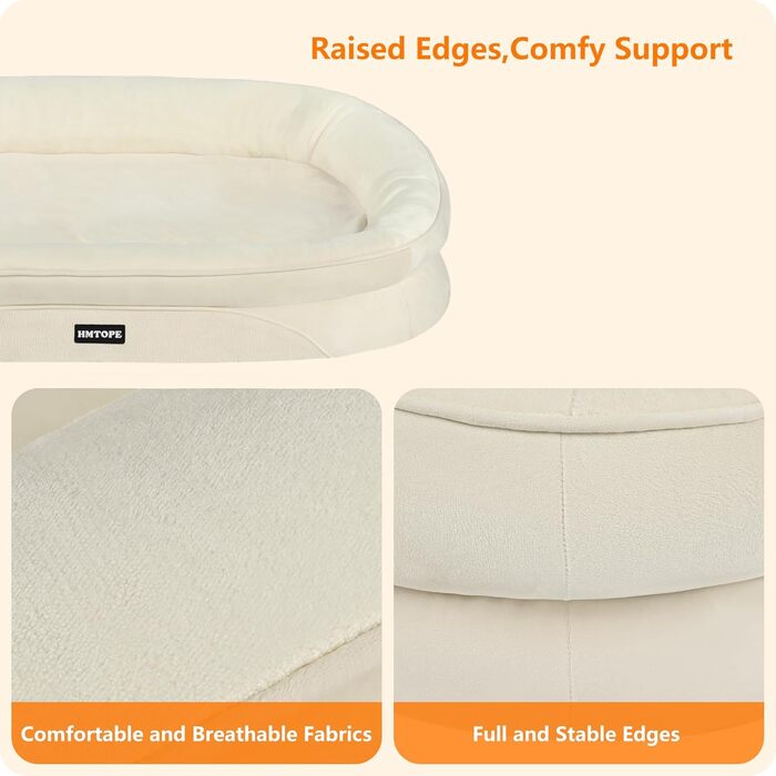 Ортопедичне ліжко для собак, ліжко-софа для собак з валиком для шиї, антиковзаюча підставка, знімне та пральне, для собак середніх та великих порід, 106 x 79 x 17 см, бежеве