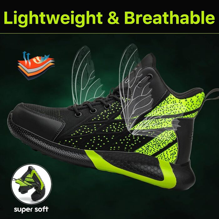 Зручні та безпечні робочі черевики для чоловіків та жінок. Дихаючі, з металевим носком, антиковзаюча підошва, спортивний дизайн, розміри 37-46 EU, колір зелений.