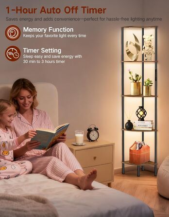 Стійка лампа OUTONLIFE з полицями, LED, 3 режими, регулювання яскравості, пульт, 5 ярусів, для вітальні, спальні, офісу, колір: Rustic Brown