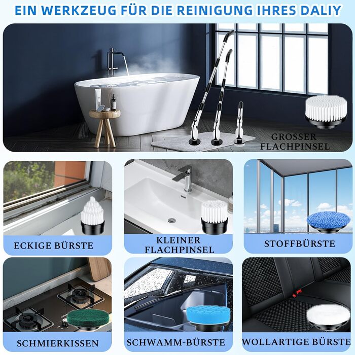 Електрична щітка для прибирання: 7 насадок, 3 довжини, 90 хв роботи, 2 режими швидкості для ванної, кухні, авто