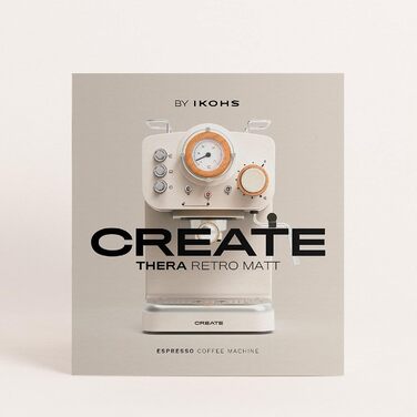 CREATE / THERA MATT RETRO/Espressomaschine Cremeweiß Matt und Holz/Semi-Automatic, with a 15 bar pump and 1100W, 1.25L water tank, for ground coffee, 55 mm. ESE-Pads