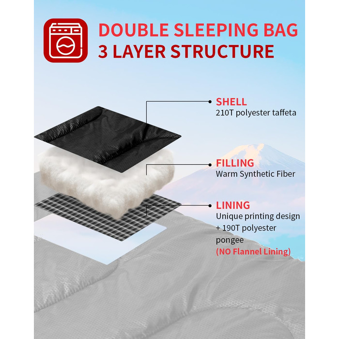 Сплячий мішок Outdoor Sportneer для двох осіб: спальний мішок на 3 сезони, 220x150 см, 2.75 кг з 2 подушками, дорослий ковдровий спальний мішок для сім'ї (без фланелевої підкладки) (Чорний)