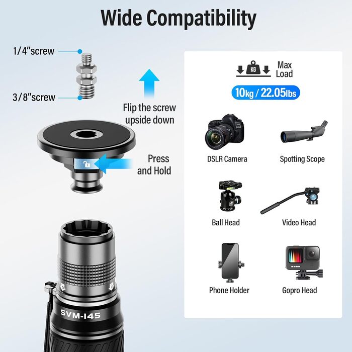SIRUI SVM-145 Монопод з вуглецевого волокна з швидкою системою | 3-в-1 модульний монопод, 145 см, 10 кг вантажопідйомність | Швидке регулювання та заміна для DSLR та відео
