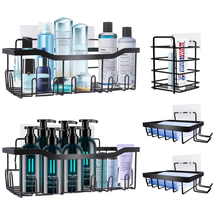 Поличка для душу WAOAW без свердління, 2 шт., чорна, з нержавіючої сталі, для шампуню, гелю для душу, мила, косметики