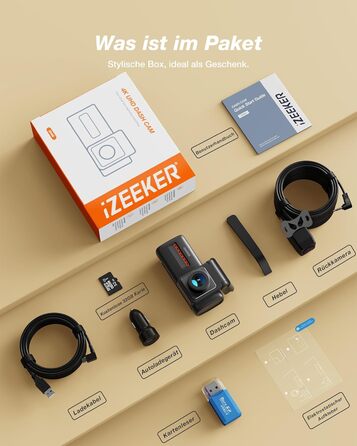 iZEEKER 4K Автомобільний відеореєстратор (Dashcam) з Wi-Fi, 32GB SD-карткою, двоканальний запис 4K+1080P, IPS-дисплей 2.99', Нічне бачення, G-сенсор, Запис по колу, Паркувальний режим 24/7