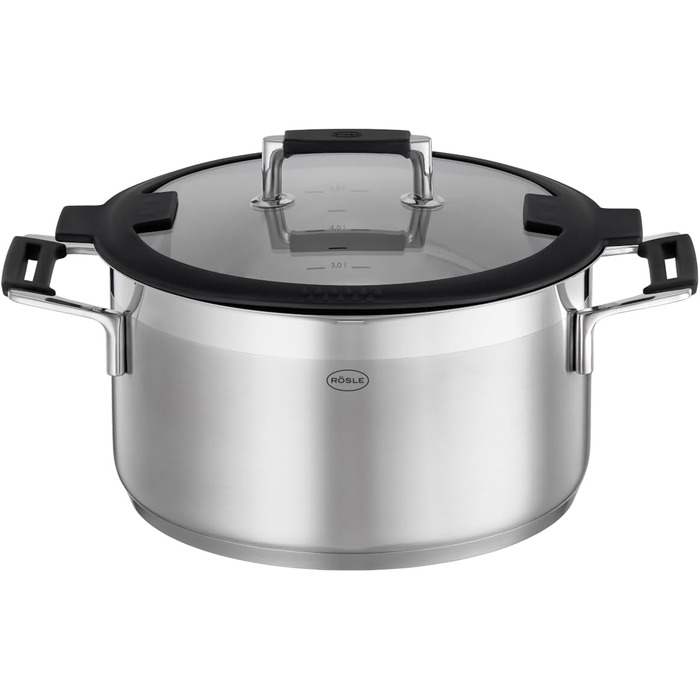Каструля RÖSLE SILENCE PRO 24 см, універсальна, нержавіюча сталь 18/10, скляна кришка, індукційна, з внутрішньою шкалою, для плити, срібляста/чорна