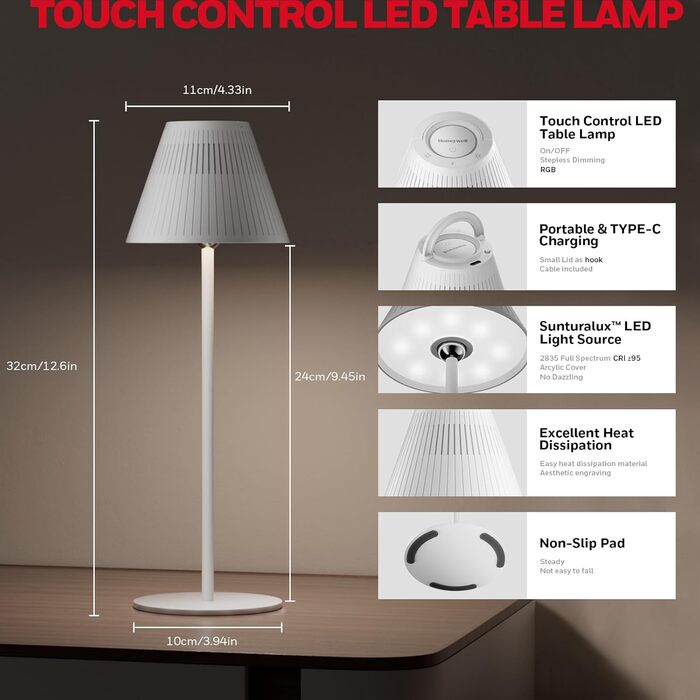 Honeywell LED настільна лампа з регулюванням яскравості, RGB, акумуляторна, Sunturalux, 5200mAh, бездротова, 1 шт. (Біла - 5500K)