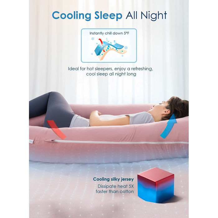 Охолоджуюча подушка для вагітних QUEEN ROSE, 140 см, U-подібна форма, рожева, знімний шовковистий чохол