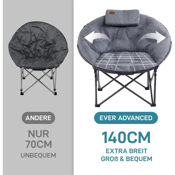 Крісло-місяць EVER ADVANCED Luxus XXL для кемпінгу, складне, до 150 кг, сіре. З подушкою, для саду, балкону, приміщення