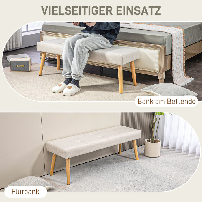 HOMCOM Bench, Upholstered Bench with Linen Look, Button Tufting, Bed Bench with Wooden Legs for Bedroom, Living Room, Hallway, 120 x 41 x 43 cm, Cream | Aosom