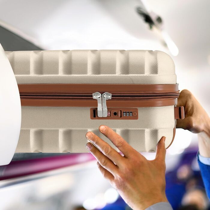 Чотирьохколісний валіза Flight Knight ABS з жорстким корпусом, ручна поклажа, розмір для авіакомпаній (British Airways, EasyJet), 56x45x25 см (55x35x25 см TSA), кремовий/бежевий колір